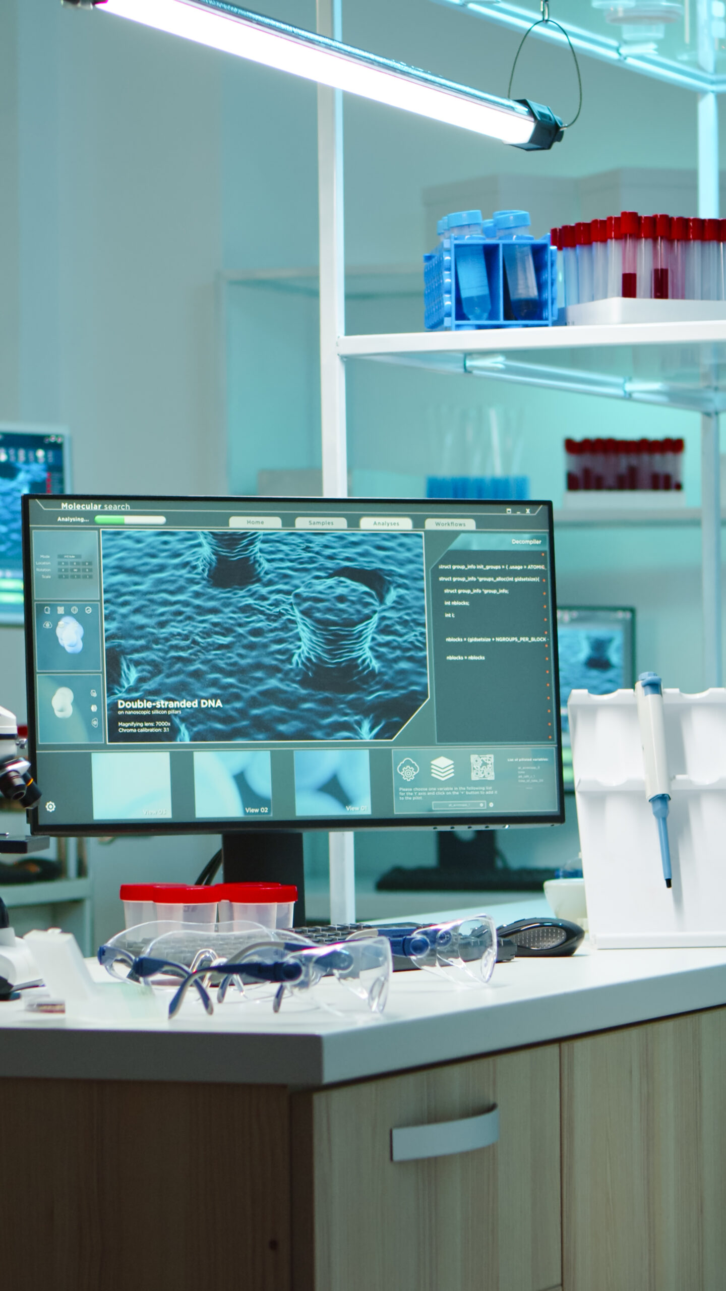 Interior of empty science laboratory with modern equipment prepared for medical innovation late at night using high tech, microbiology tools for scientific research. Vaccine against covid19 virus